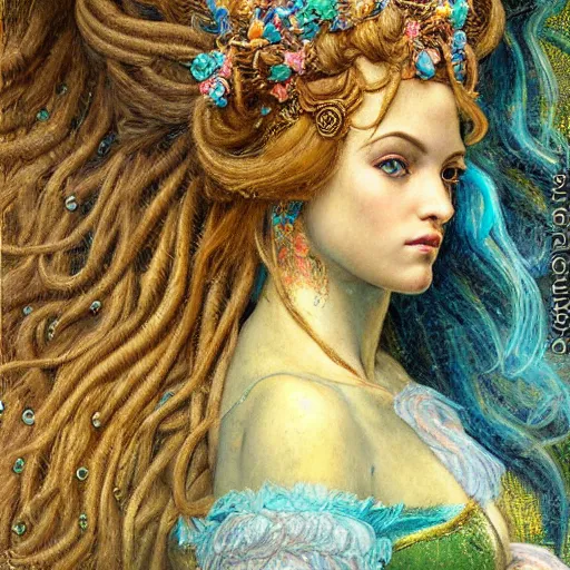 Prompt: intricate detail, hyper detail, by gaston bussiere, sandro botticelli, lady of elche, techno mystic princess intergalactica, inanna, ashteroth, with neon aqua rapunzel dreadlocks, detailed, masterpiece, sharp focus,