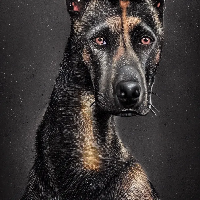 Prompt: portrait of belgian malinois. infected with zombie fungus. intricate abstract. intricate artwork. by Tooth Wu, wlop, beeple, dan mumford. octane render, trending on artstation, greg rutkowski, very coherent symmetrical artwork. cinematic, hyper realism, high detail, octane render, 8k, iridescent accents, deep blacks