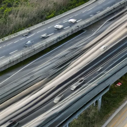 Prompt: banana-shaped car driving on busy highway, drone photograph