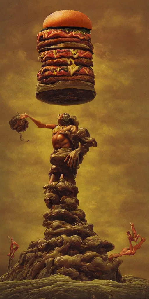 Prompt: an enormous, overwhelming ominous statue of a deluxe cheeseburger, in the style of Rockwell and Beksinski