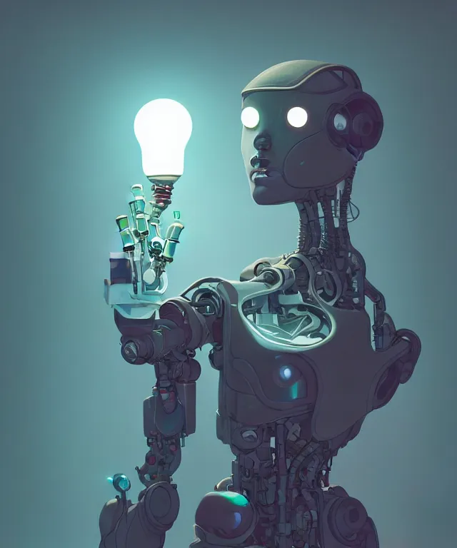 Prompt: a portrait of a cyberpunk robot holding a light bulb, fantasy, elegant, digital painting, artstation, concept art, matte, sharp focus, illustration, art by josan gonzalez