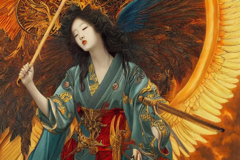 Image similar to glorious beautiful painting of Japanese female angel with flaming sword and golden wings, heavenly background and heavenly light, feminine figure, by James Jean, Neo-Gothic, gothic, Art Nouveau, rich deep moody colors