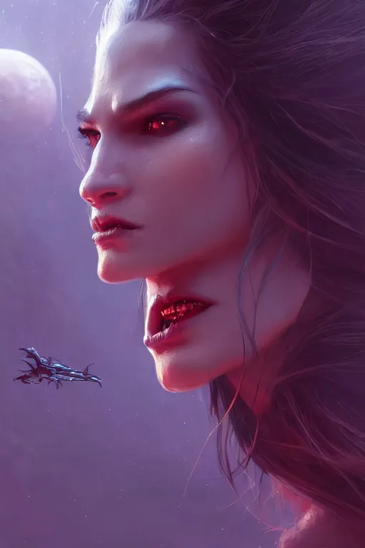 Image similar to attractive female alien - vampire, close - up portrait, intricate, elegant, volumetric lighting, scenery, digital painting, highly detailed, artstation, sharp focus, illustration, concept art, luis rollo, ruan jia, steve mccurry, john berkey