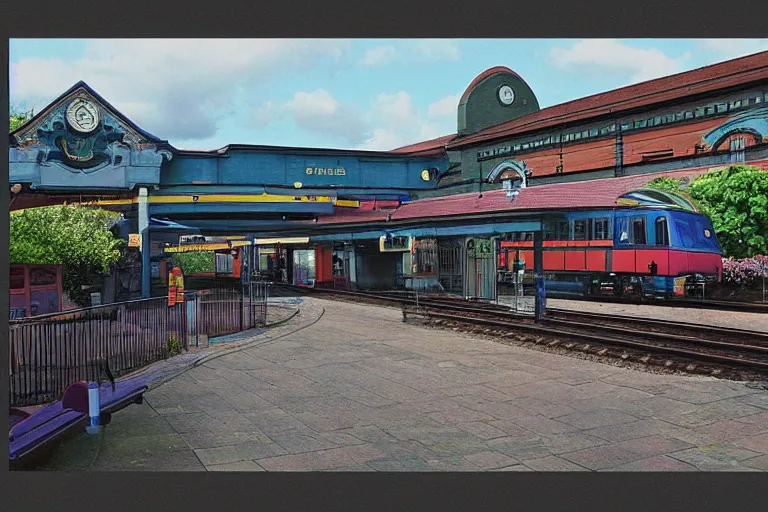 Prompt: Shrewsbury Railway Station in the style of Roger Dean