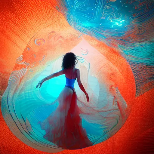 Prompt: woman dancing underwater wearing a long flowing dress made of many translucent layers of blue and red and yellow circuit boards, delicate coral sea bottom, swirling silver fish, swirling smoke shapes, unreal engine, caustics lighting from above, cinematic, hyperdetailed