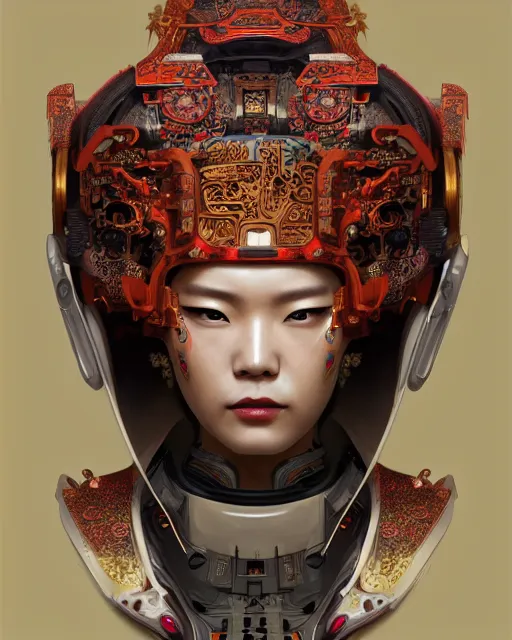 Image similar to portrait of a cyberpunk machine, machine face, upper half portrait, decorated with chinese opera motifs, asian, fine china, wuxia, traditional chinese art, intricate, elegant, highly detailed, symmetry, headpiece, digital painting, artstation concept art smooth sharp focus, illustration, art by artgerm and greg rutkowski alphonse mucha 8 k