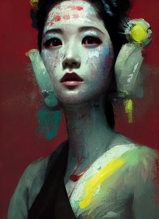 Image similar to female geisha girl, beautiful face, neon, rule of thirds, intricate outfit, spotlight, by greg rutkowski, by jeremy mann, digital painting