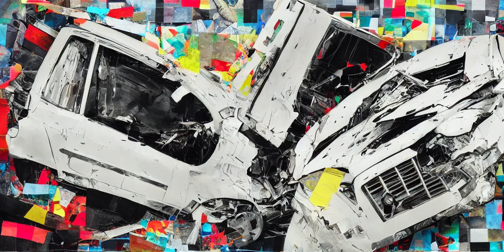 Image similar to car crash test, collage paper and tape, acrylic on canvas, hyperrealism mixed with expressionism, breathtaking detailed, by blake neubert