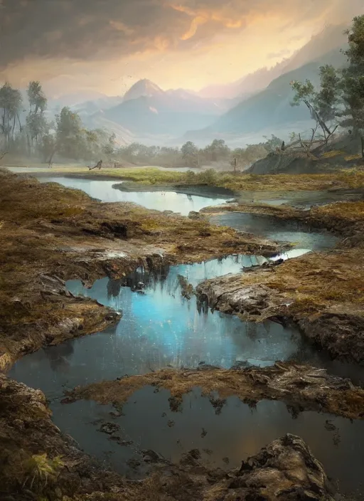 Prompt: tar pits, rolling foothills, bubbling tar, extremely detailed oil painting, unreal 5 render, digital art, landscape painting, octane render, beautiful composition, trending on artstation, award winning photograph, masterpiece