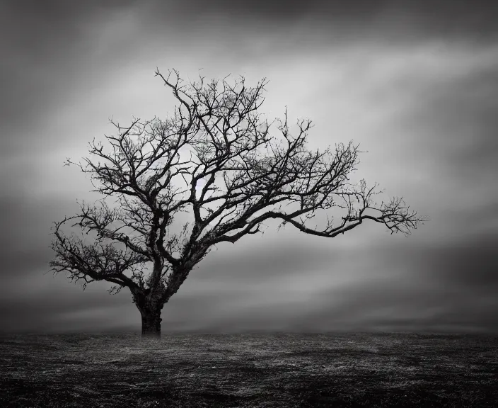 Prompt: 4 k hd, high detail photograph of lonely tree during apocalyptic scenery, shot with sigma f / 4. 2, 2 5 0 mm sharp lens, wide shot, consistent, volumetric lighting, high level texture render