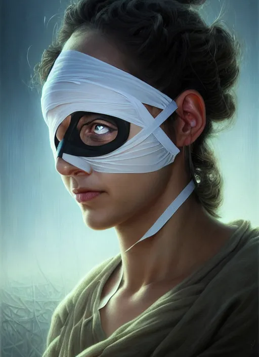 Image similar to closeup portrait shot of a nurse with bandages over eyes in a scenic dystopian environment, intricate, elegant, highly detailed, centered, digital painting, artstation, concept art, smooth, sharp focus, illustration, artgerm, tomasz alen kopera, peter mohrbacher, donato giancola, joseph christian leyendecker, wlop, boris vallejo