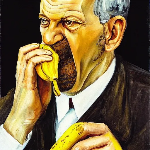 Image similar to “ painting of sigmund freud eating a peeled banana, freudian, by lucian freud ”