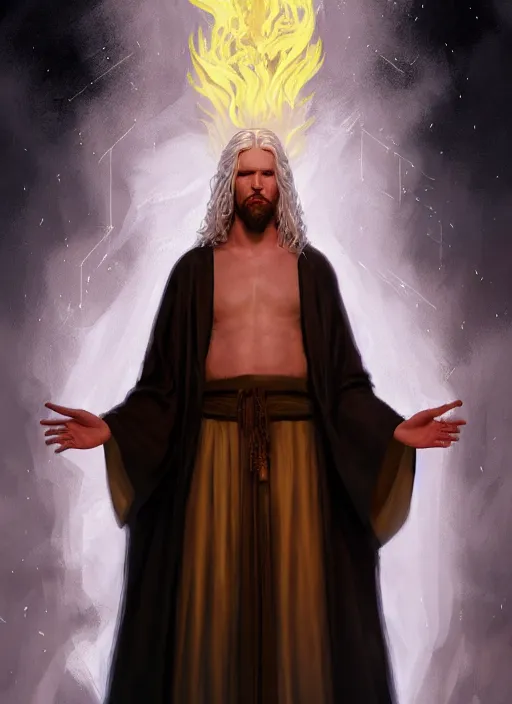 Prompt: « full length portrait of the white - haired jesus in a white robe and flaming yellow eyes, seven stars in right hand, grim - lighting, high - contrast, intricate, elegant, highly detailed, digital painting, artstation, concept art, smooth, sharp focus, illustration »