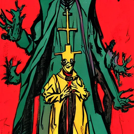 Image similar to gothic bishop with multiple arms retro comic art by ashley wood , 4K post processing