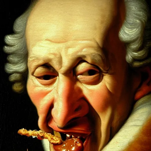 Prompt: realist close up portrait of an old king eating a greasy hamburger, oil painting, 1 7 0 0 s, oil on canvas, aged, focused, sharp, detailed, 8 k by joseph ducreux