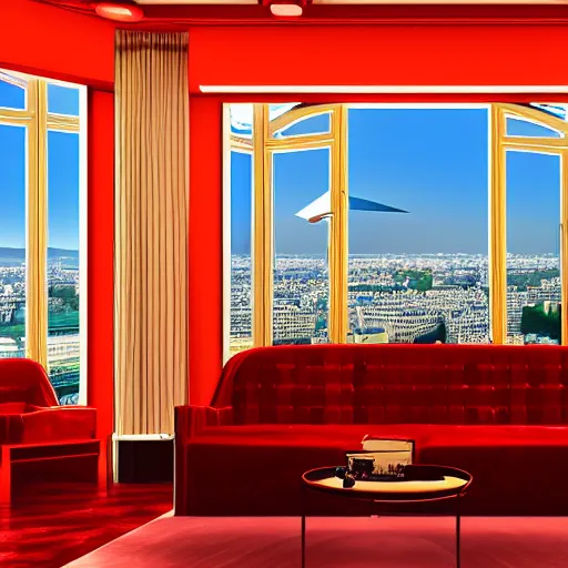 Image similar to A photorealistic virtual music studio, Paris hotel style, red velvet furniture, light rays coming out of the windows, the windows have a view on Paris, raytracing, highly detailed, futuristic, unreal engine 5, photoscanned, photorealistic,