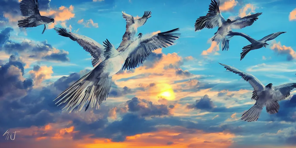 Image similar to large birds with giant wings flying over tropical islands with mountains and sunset sky, HD, 4K, digital art style