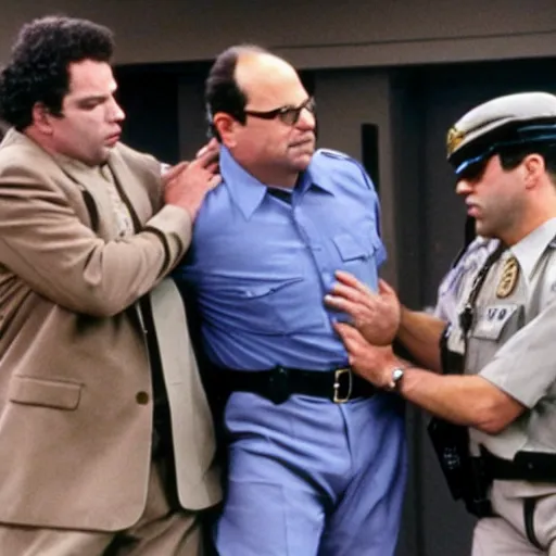 Prompt: George Costanza being arrested by Kramer on an episode of Seinfeld