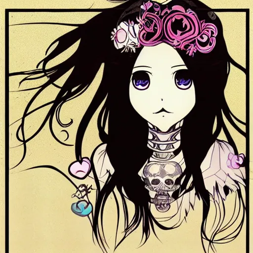 Prompt: anime manga skull portrait young woman hair floral crown balloons clouds fairytale comic skeleton illustration style by Alphonse Mucha warhol pop art nouveau