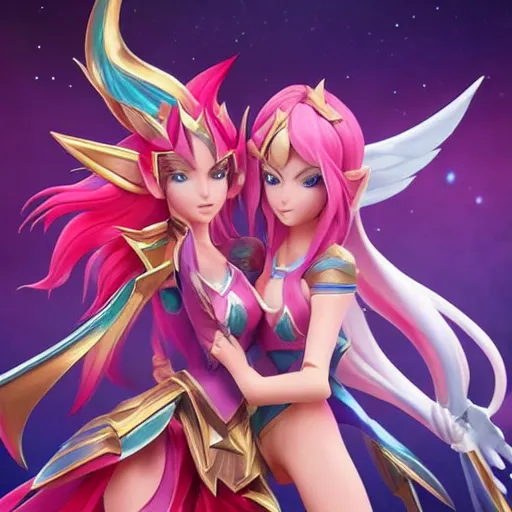 Image similar to star guardian xayah and star guardian kai'sa!!!!!!!!!! friends together, league of legends, star guardian xayah, full body photo, star guardian kai'sa, hyperrealistic, realistic, high definition, by weta digital, 3 - dimensional, realistic