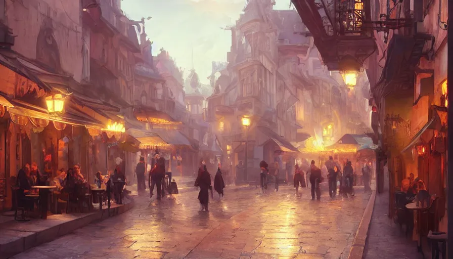 Prompt: Painting with a small european street from from cafe terrace. volumetric lighting, 4k, octane, digital painting, artstation, concept art, sharp focus, illustration, art by artgerm and greg rutkowski and alphonse mucha.