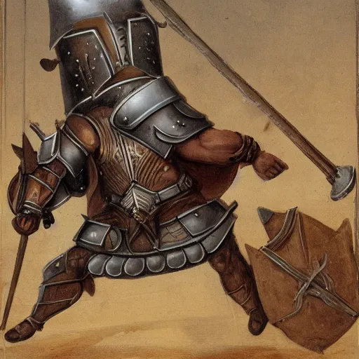 Image similar to a minotaur wearing plate armor and holding a mace