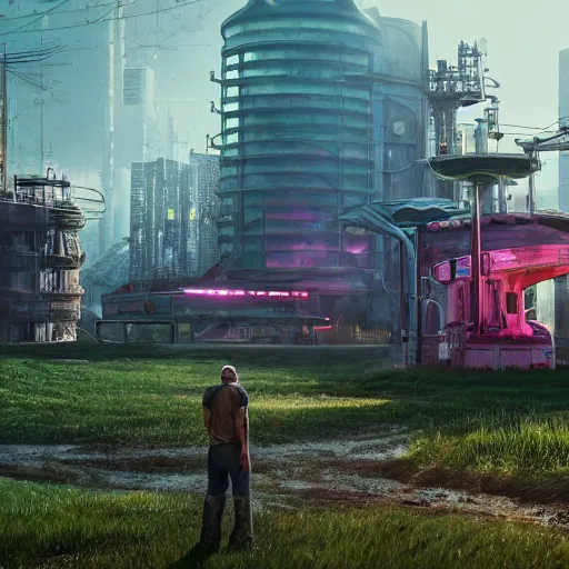 Image similar to fully detailed landscape of a cyberpunk farm , watertank, futuristic tractors, farmhouse, mushroom, overgrowth, Ai , cinematic lightening, in the future, high quality, 8k , octane render, trending on artstation , greg rutowski