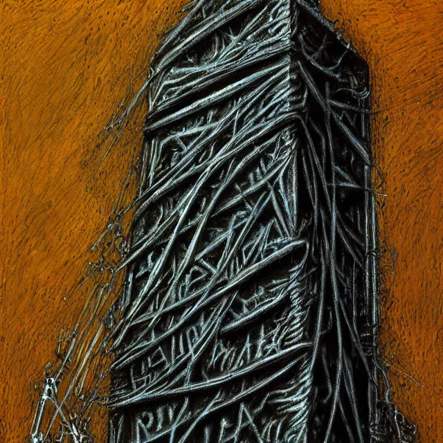 Prompt: biomechanical monolith worshipped by spiders by HR Giger, oil painting, chromatic aberration