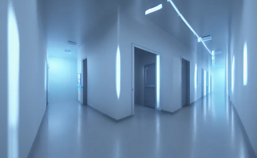 Image similar to an hallway in hospital with soft blue lights in the roof, octane render, artstation trending, highly detailded