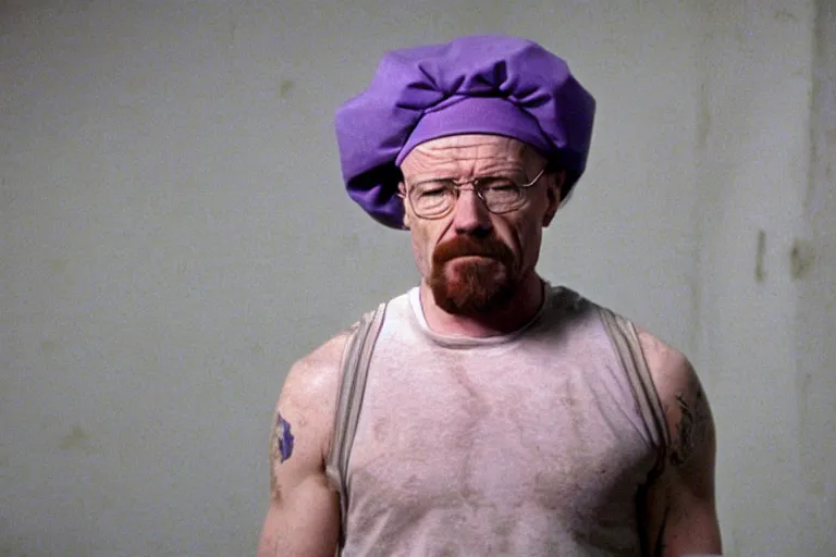 Image similar to medium full shot of walter white as a white gang member wearing a purple head covering made from a polyester material and a stained white tank top dealing crack in the prison yard in the new movie directed by ice cube, movie still frame, arms covered in gang tattoo, promotional image, critically condemned, top 1 5 worst movie ever imdb list, public condemned, relentlessly detailed