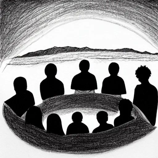 Prompt: a group of people staring at a big floating head in the lake, drawn with a black 0. 3 mm fineliner on a white paper