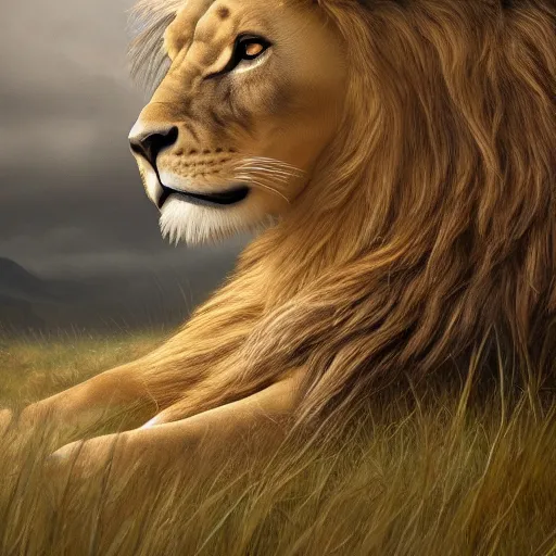 Image similar to a full body shot, detailed photograph of a dreaming lion head in a distance landscape photorealism ultradetailed digital art, irina french, heraldo ortega, mandy jurgens, golden ratio, art canvas, award winning, masterpiece trending on artstation 8 k 1 5 0 mpx