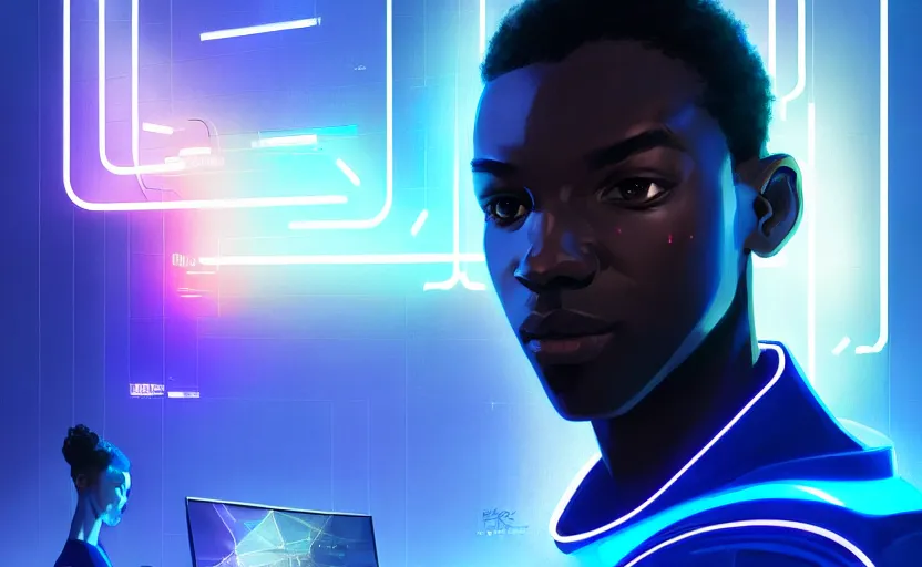 Image similar to handsome black genius hacking the metaverse, holographic keyboard, curved digital displays, urban interior, electric blue glowing lights, highly detailed, digital painting, artstation, concept art, smooth, sharp focus, illustration, art by wlop, mars ravelo and greg rutkowski