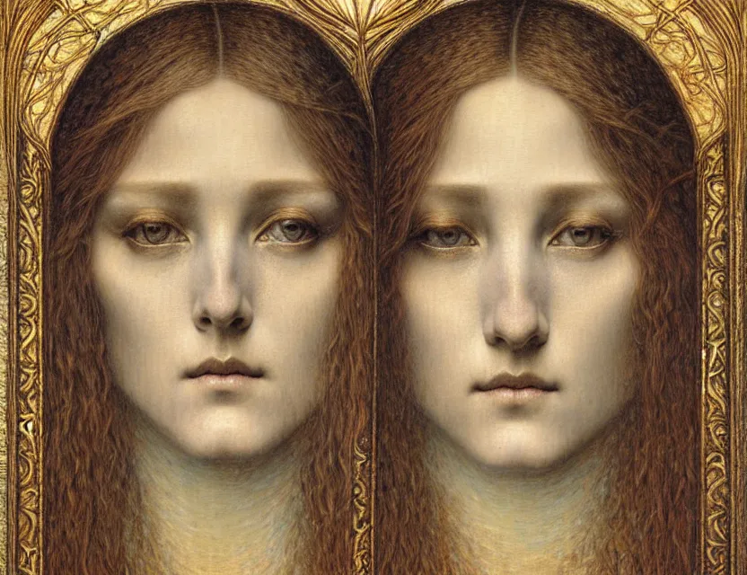 Image similar to detailed realistic beautiful young medieval queen face portrait by jean delville, gustave dore and marco mazzoni, art nouveau, symbolist, visionary, gothic, pre - raphaelite. horizontal symmetry