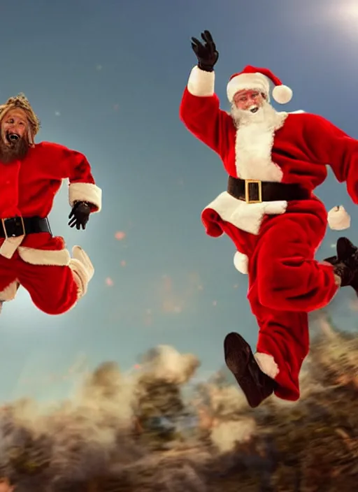 Image similar to Santa and Jesus' Totally Radical Adventure, action shot of them jumping away from an explosion towards us, cinematic shot, movie