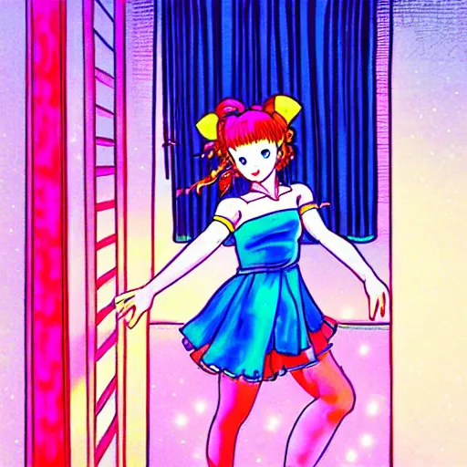 Prompt: cute girl wearing a white girl dancing joyfully in her bedroom at night, cyberpunk lighting, illustrated by naoko takeuchi