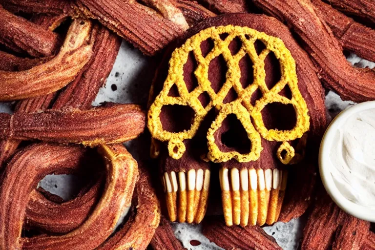 Image similar to aztec skull made of churros, food photography, food stylist, 35mm, centered, uncropped