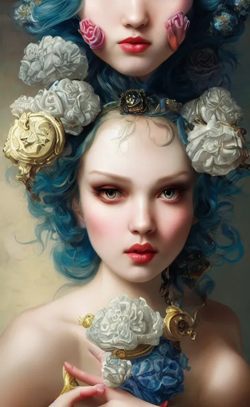 Image similar to pop surrealism, rococo, blue baroque hair, young female seductive - fine - face, pretty face, key visual, realistic shaded perfect face, fine details by stanley artgerm lau, wlop, mark ryden, andrei riabovitchev, marc simonetti, and sakimichan, trending on artstation