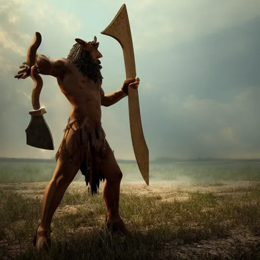 Prompt: a minotaur warrior is holding an axe, fantasy, illustration, concept art, natural light, cinema 4d render