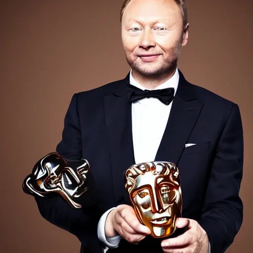 Prompt: limmy brian limond holding bafta award, realistic, long shot, dramatic lighting, hyper realistic, high quality, highly detailed, hd, beautiful, cinematic, 8 k, facial accuracy, symmetrical,