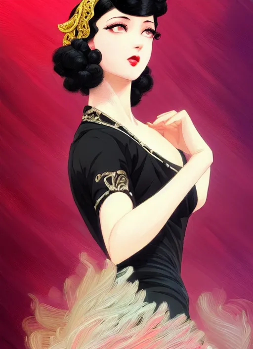 Image similar to a beautiful dancer with black hair in 1920's fashion, ballroom background, intricate, highly detailed, digital painting, artstation, official media, anime key visual, concept art, rich vivid colors, ambient lighting, sharp focus, illustration, art by Artgerm, Makoto Shinkai, Ilya Kuvshinov, Lois Van Baarle, and Rossdraws