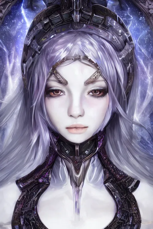 Image similar to portrait evilly white hair knights of Zodiac girl, metalic deep purple and black reflected armor, in ruined Agora of Athens thunder sparkling flash night, ssci-fi, fantasy, intricate, very very beautiful, elegant, highly detailed, digital painting, artstation, concept art, smooth, sharp focus, illustration, art by tian zi and WLOP and alphonse mucha