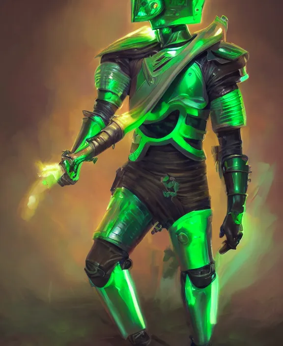 Prompt: an excellent full body portrait of a masked cyborg warrior with jade green armour and a futuristic helmet with a neon jade visor by Steohan Martiniere and Peter Mohrbacher, 4k resolution, detailed