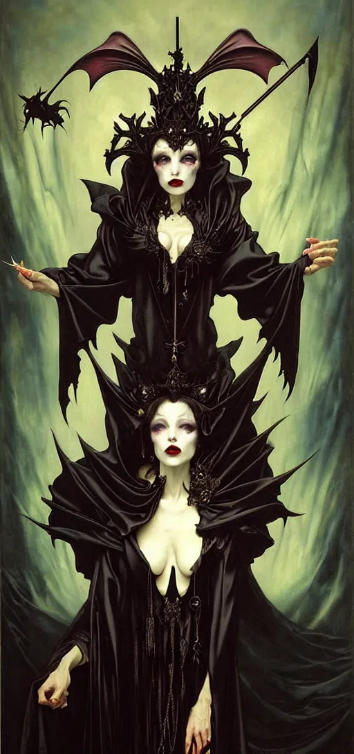 Image similar to baroque oil painting of vampire queen in gothic robes with bat wings, by nekro, peter mohrbacher, alphonse mucha, brian froud, yoshitaka amano, kim keever, victo ngai, james jean