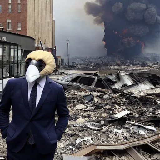 Image similar to man wearing a suit and a goose mask looking at an explosion in new york, ruined buildings, rubble, fire from hands