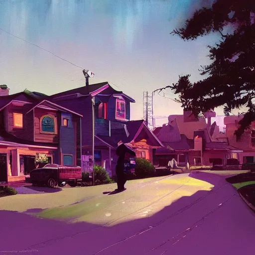 Image similar to a suburban neighborhood with deep green and purple glowing clouds. highly detailed science fiction painting by norman rockwell, frank frazetta, and syd mead. rich colors, high contrast, gloomy atmosphere, dark background. trending on artstation.