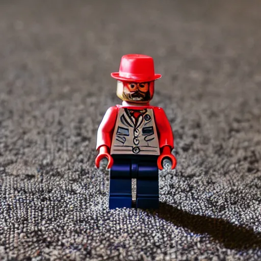 Image similar to macro photography of a minifigure of walter white walking on the carpet, 3 5 mm