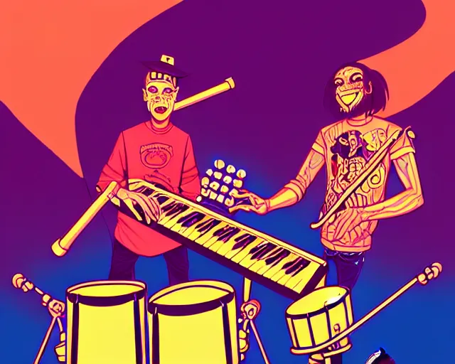 Image similar to a study of cell shaded cartoon of a two man band playing a synthesizer and drums, loud colors, post grunge, concept art by josan gonzales and wlop, by james jean, Victo ngai, David Rubín, Mike Mignola, Laurie Greasley, highly detailed, sharp focus, Trending on Artstation, HQ, deviantart, art by artgem