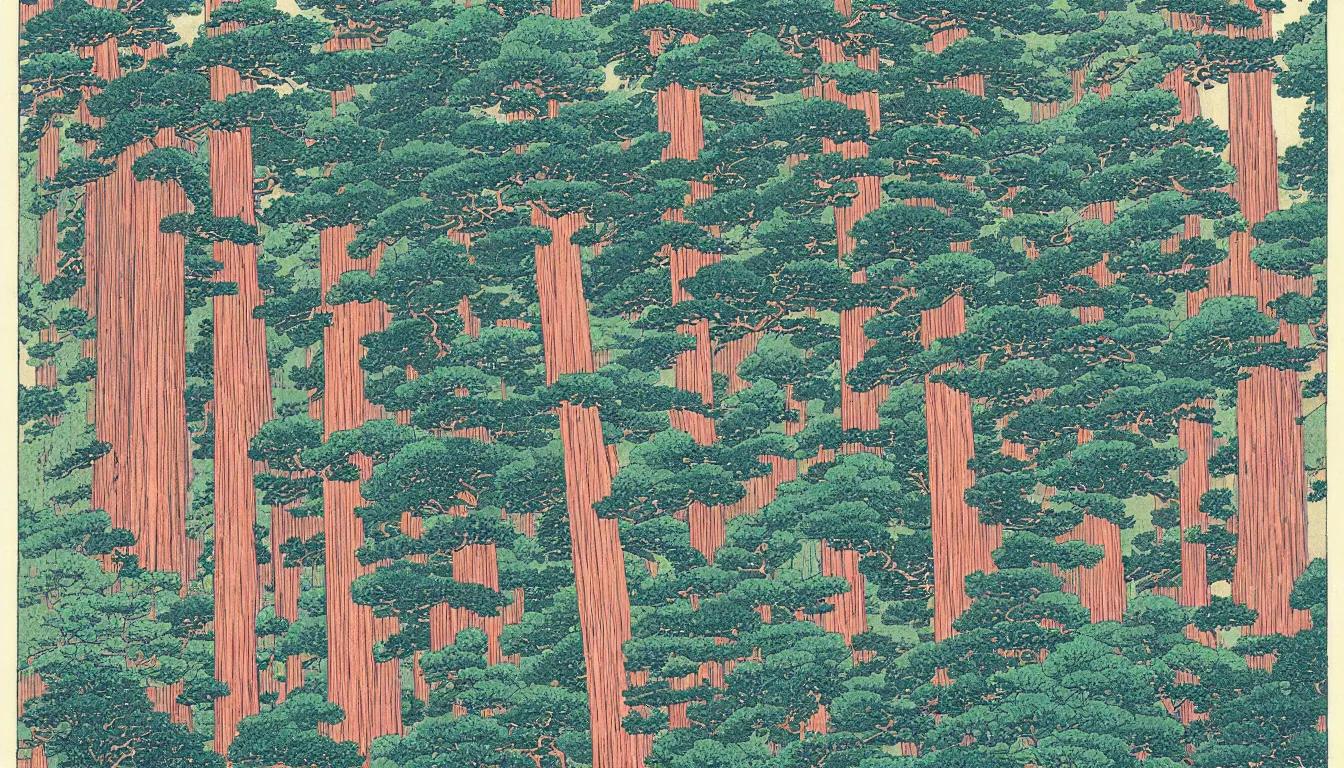 Image similar to giant redwood trees by hokusai