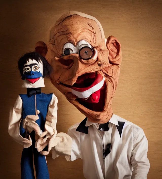 Image similar to hyper realistic photography of horror ventriloquist with wooden puppet